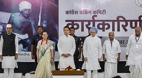 Congress President Rahul Gandhi former Congress president Sonia Gandhi former prime minister Manmohan Singh and other senior leaders at the Congress Working Committee CWC meeting on the birth anniversary of Mahatma Gandhi. (Photo| PTI)