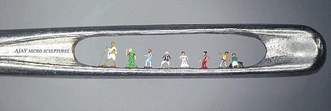 Micro artist Mattewada Ajay Kumar created a miniature image of famous ‘Dandi March’ to pay homage to Mahatma Gandhi | Express