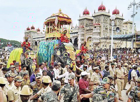 Elephant Arjuna marches on the premises of the Mysuru palace carrying the 750-kg golden howdah with the idol of Goddess Chamundeshwari during the Jamboo Savari, on Friday | Udayashankar S