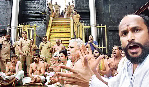 Priests protesting in front of the holy steps at Sabarimala temple against the visit of activist Rehana Fathima | B P Deepu