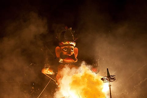An effigy of King Ravana burns during Dussehra. Image used for representational purpose only. (File photo | AP)