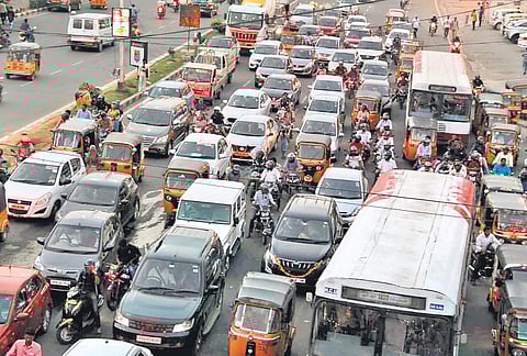 Vehicles stuck in heavy traffic for many hours at a junction in Hyderabad | Sathya Keerthi