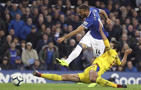 Everton's Cenk Tosun scores his side's second goal of the game against Crystal Palace during their English Premier League soccer match at Goodison Park in Liverpool, England, Sunday, Oct. 21, 2018. (Photo | AP)