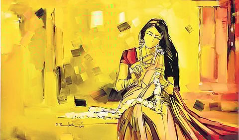 While Kirubanandham’s paintings (right) focus on his childhood memories, Thirunavakkarasu’s paintings reflect his idea of feminism (above) Ashwin Prasath