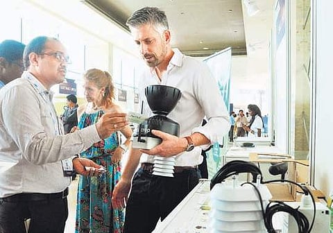 Sencrop International Business Director Cedric Debonte explaining about in-field sensors, during the Vizag Fintech Festival on Wednesday | G satyanarayana