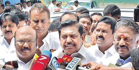 CM Edappadi K Palaniswami, with Deputy CM O Panneerselvam & minister D Jayakumar, speaks to media after the verdict at AIADMK office in Chennai on Thursday | d sampath kumar