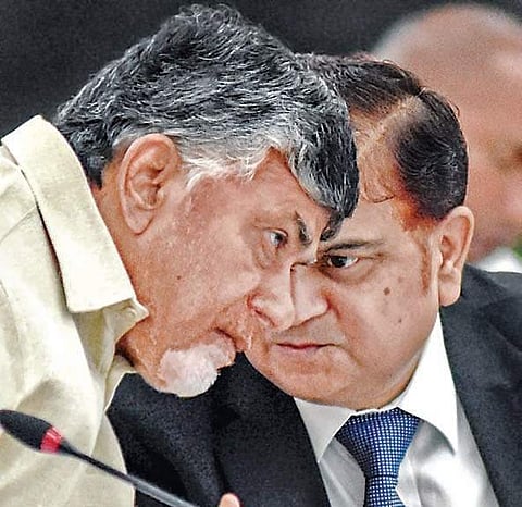 CM N Chandrababu Naidu and Chief Secretary Anil Chandra Punetha during District Collectors’ Conference at Grievance Hall on Thursday | P Ravinrda Babu