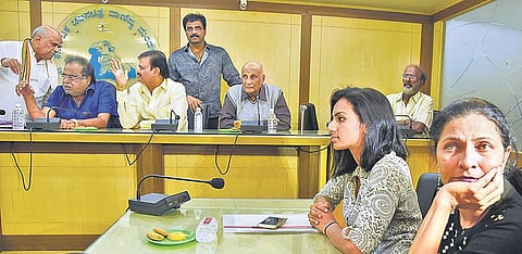 Actor Sruthi Hariharan, actor Ambareesh and others at a meeting convened at the Karnataka Film Chamber of Commerce in Bengaluru on Thursday | Vinod Kumar T