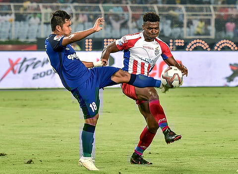 ATK's Kalu Uche 9 vies for the ball with Jerry Lalrinzuala 18 of Chennaiyin FC during their ISL match in Kolkata, October 26 2018. (Photo | PTI)