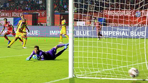 Jamshedpur FC scores a goal against Kerala Blasters during their ISL clash | PTI