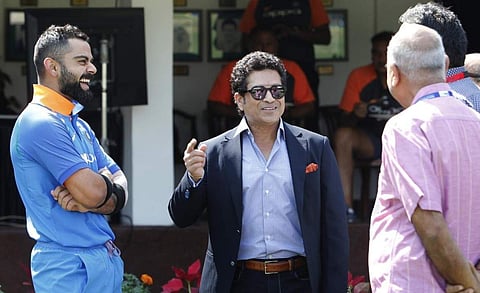 Sachin Tendulkar interacts with Virat Kohli and other officials before the start of the fourth ODI. (Photo | Twitter/@BCCI)