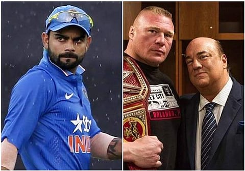 Indian skipper Virat Kohli (L) and Paul Heyman (extreme right) along with WWE star Brock Lesnar (Photo | AP and Instagram)