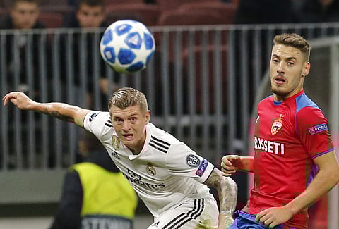 Real midfielder Toni Kroos, left, challenge for the ball with CSKA midfielder Nikola Vlasic during a Group G Champions League soccer match between CSKA Moscow and Real Madrid at the Luzhniki Stadium in Moscow. (Photo | AP)