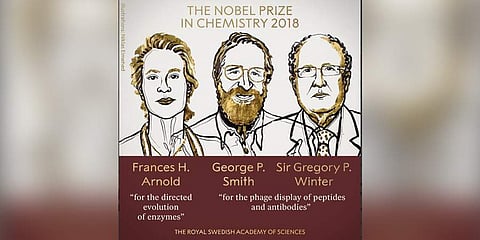 The Royal Swedish Academy of Sciences has decided to award the #NobelPrize in Chemistry 2018 with one half to Frances H. Arnold and the other half jointly to George P. Smith and Sir Gregory P. Winter. ( Photo | twitter@NobelPrize)