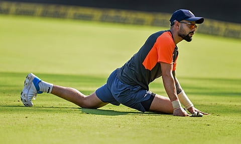 Indian cricket team captain Virat Kohli during a practice session ahead of their first test match against West Indies in Rajkot. (Photo | PTI)