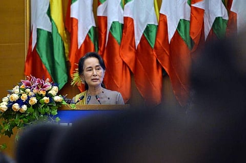 Myanmar State Counsellor Aung San Suu Kyi delivers her address during the first anniversary of the Union Enterprise for Humanitarian Assistance, Resettlement and Development in Rakhine during a ceremony in Naypyidaw on October 18, 2018. (Photo | AP)