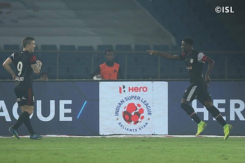 Scorers of NorthEast United Federico Gallego (L) and Bartholomew Ogbeche (Photo | Facebook/ISL- Indian Super League)