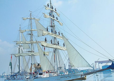 INS Tarangini arriving at Kochi Naval Base South Jetty on Tuesday