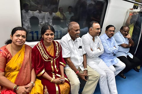 Deputy mayor Ramila (first from left) on board the six coach metro train flagged off in Bengaluru on Thursday morning.