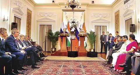Russian President Vladimir Putin and Prime Minister Narendra Modi at a joint Press conference at Hyderabad House in New Delhi on Friday | Shekhar yadav