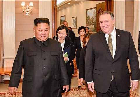 US Secretary of State Mike Pompeo (R) with North Korean leader Kim Jong Un in Pyongyang (Photo | Twitter/Secretary Pompeo)