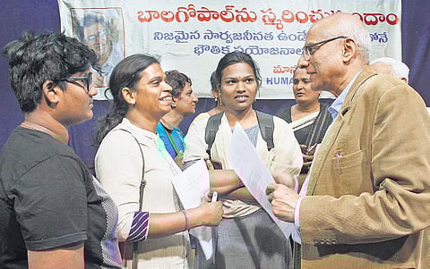 Colin Gonsalves, Supreme Court advocate interacting with members of the audience after the event (Below) Public health activist Satya sagar, writer Uma Shakari and A Suneetha, Gender Studies researcher and activist | Express