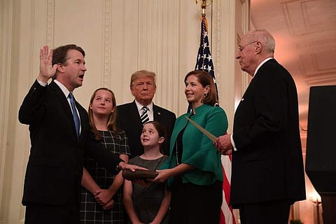 Justice Brett Kavanaugh speaks during the ceremonial swearing-in ceremony of Kavanaugh as Associate Justice of the Supreme Court of the United States in the East Room of the White House in Washington, Monday, Oct. 8, 2018. (Photo | AFP)