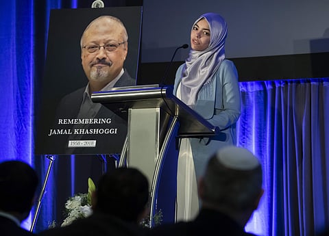 Abrar Omeish, a community activist from Fairfax County outside Washington, speaks at an event to remember Jamal Khashoggi, a columnist for The Washington Post who was killed inside the Saudi Consulate in Istanbul | AP
