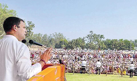 Congress president Rahul Gandhi at a rally in Pakhanjore, Kanker district of Chhattisgarh on Friday.