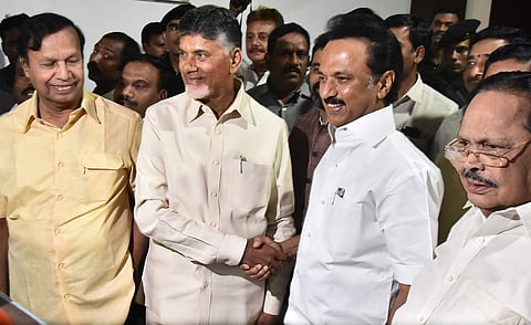 Andhra Pradesh CM Chandrababu Naidu addresses the media with DMK President MK Stalin at latter's residence in Chennai. (Photo| P Jawahar/EPS)