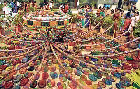 Kanaka Durga Temple decorated with bangles on the occasion of Karthika Suddha Vidiya in city | P Ravindra Babu