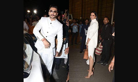 Actors Ranveer Singh and Deepiak Padukone spotted at the airport leaving to Italy for their wedding. (Photo | Twitter)