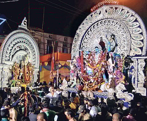 Idols of Goddess Kali being taken for immersion in Cuttack on Saturday