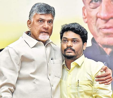 Chief Minister N Chandrababu Naidu greeting Kidari Sravan Kumar after the swearing-in ceremony at Praja Vedika in Undavalli near Vijayawada on Sunday | Express