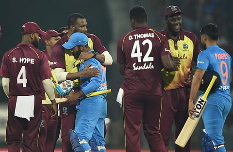 Indian batsmen are congratulated by West Indies' player after the hosts won the series 3-0. (Photo | PTI)