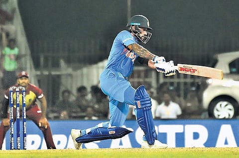 Shikhar Dhawan on way to his 62-ball 92 against West Indies in the third and final T20 at MA Chidambaram Stadium on Sunday | Ashwin prasath