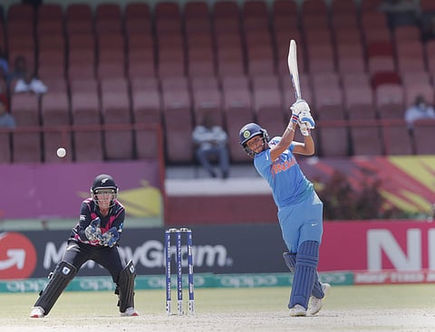 Harmanpreet Kaur plays a shot against New Zealand at Providence, Guyana. (Photo | PTI)