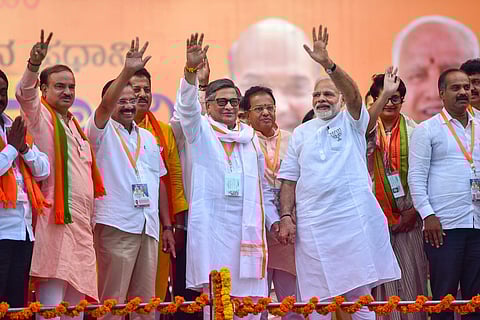 Prime Minister Narendra Modi with BJP leaders S M Krishna Ananth Kumar Sadananda Gowda and others during a public rally for the Karnataka assembly elections in Bengaluru (File | PTI)