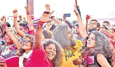 Youngsters dancing to the beats of the ‘Oorali’ band organised as part of ‘We the People’ programme held at Central Stadium in Thiruvananthapuram B P Deepu