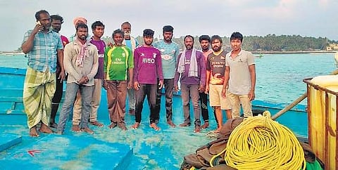 Crew of fishing boat Luminous after landing at Bitra Islet in Lakshadweep Islands on Tuesday | Express