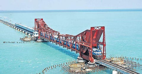 A train passing through the Pamban railway bridge at Rameswaram (Photo | Express)