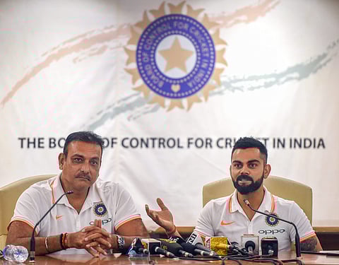 Indian cricket captain Virat Kohli along with coach Ravi Shastri during the team's Australia tour pre-departure press conference at the BCCI headquarters in Mumbai. (Photo | PTI)