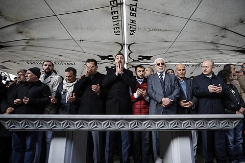 The members of Arab-Turkish Media Association and friends attend funeral prayers in absentia for Saudi writer Jamal Khashoggi who was killed last month in the Saudi Arabia consulate, in Istanbul, Friday, Nov. 16, 2018. Turkey's Foreign Minister Mevlut Cav