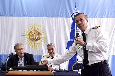 Argentina's Defense Minister Oscar Aguad attends a press conference in Buenos Aires, Argentina, Saturday, Nov. 17, 2018. Argentina's navy announced early Saturday that they have located the missing submarine ARA San Juan in the Atlantic, a year after it d