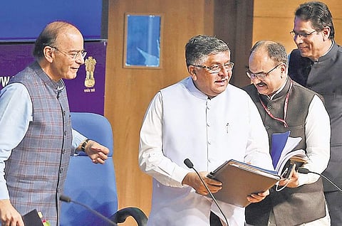 Union Finance Minister Arun Jaitley, Law Minister Ravi Shankar Prasad and CEO of UIDAI Ajay Bhushan Pandey after a Press conference in New Delhi| Shekhar yadav