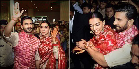 Ranveer Singh and Deepika Padukone at Mumbai airport (Photo | PTI)
