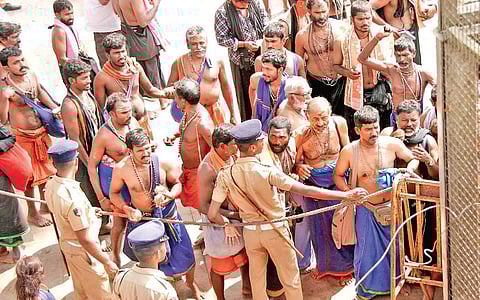 Security measures were tightened near the Holy Steps of the Sabarimala hill shrine where devotees break coconut. (Photo: ENS / Shaji Vettipuram)