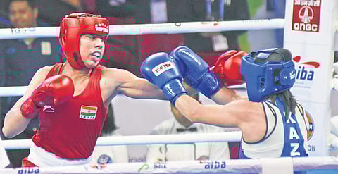 India’s Manisha Moun (L) in action against Dina Zholaman of Kazakhstan during their women’s 54kg category preliminary match in New Delhi on Sunday | Parveen Negi