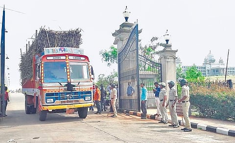 A sugarcane-laden truck at the gates of the Suvarna Vidhana Soudha in Belagavi on Sunday