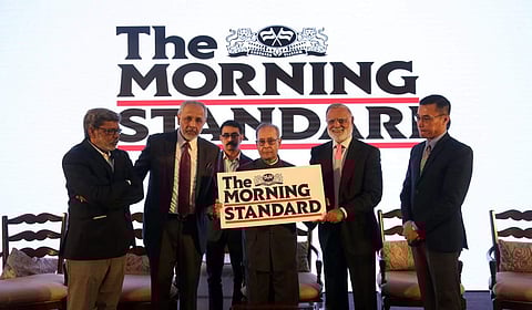 Former President Pranab Mukherjee launches The Morning Standard in New Delhi on Sunday. (From L) TNIE Editor G S Vasu, Chairman Manoj Kumar Sonthalia, Editorial Director Prabhu Chawla and Delhi Resident Editor Khogen Singh | Sekhar Yadav